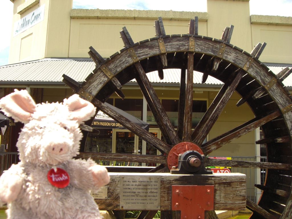 Trudi in front of the water wheel in Windsor